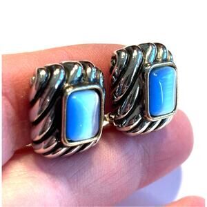 Clip on earrings chunky rope surround silver & gold with blue moonstone center